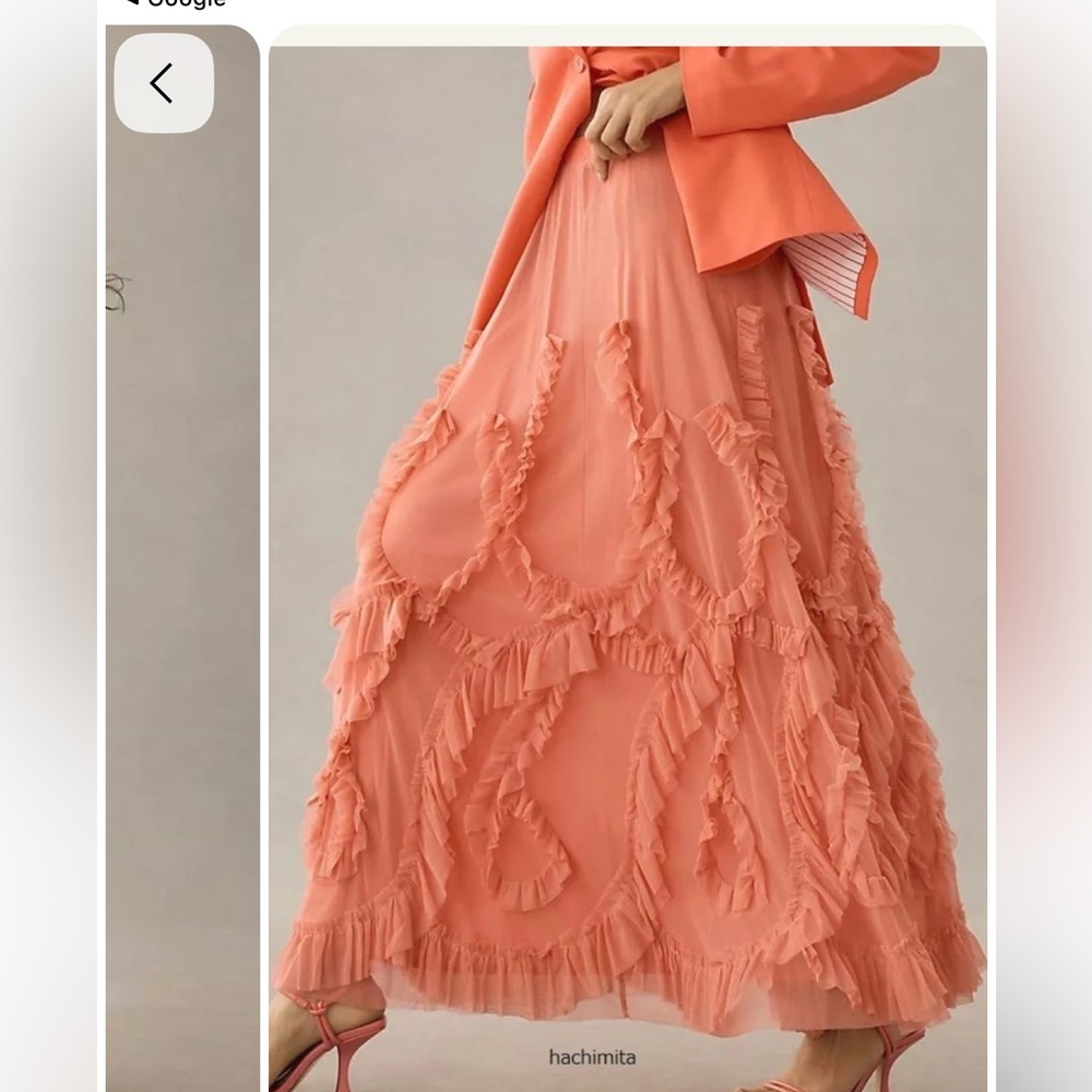Anthro ruffle tulle & mesh midi skirt, gorgeous coral color, elastic waist, NWOT - Picture 4 of 13